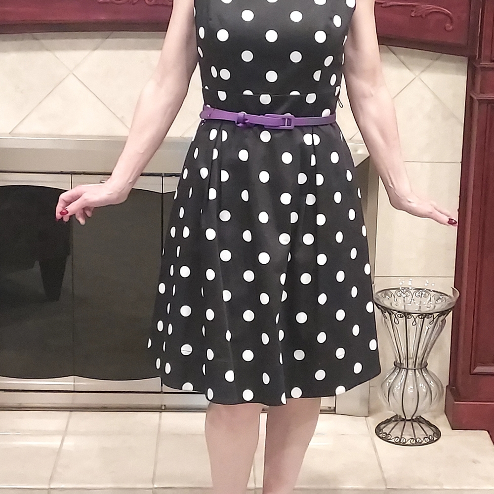 Polka Dot Black Dress with Purple Belt - Picture 11 of 12